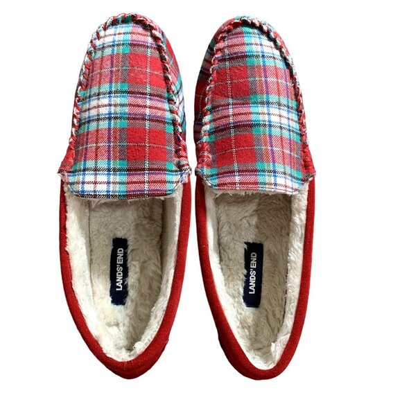 Lands End Moccasin Slippers Womens 10 B Red Plaid Faux Fur Lined Flannel Shoes - Picture 7 of 12